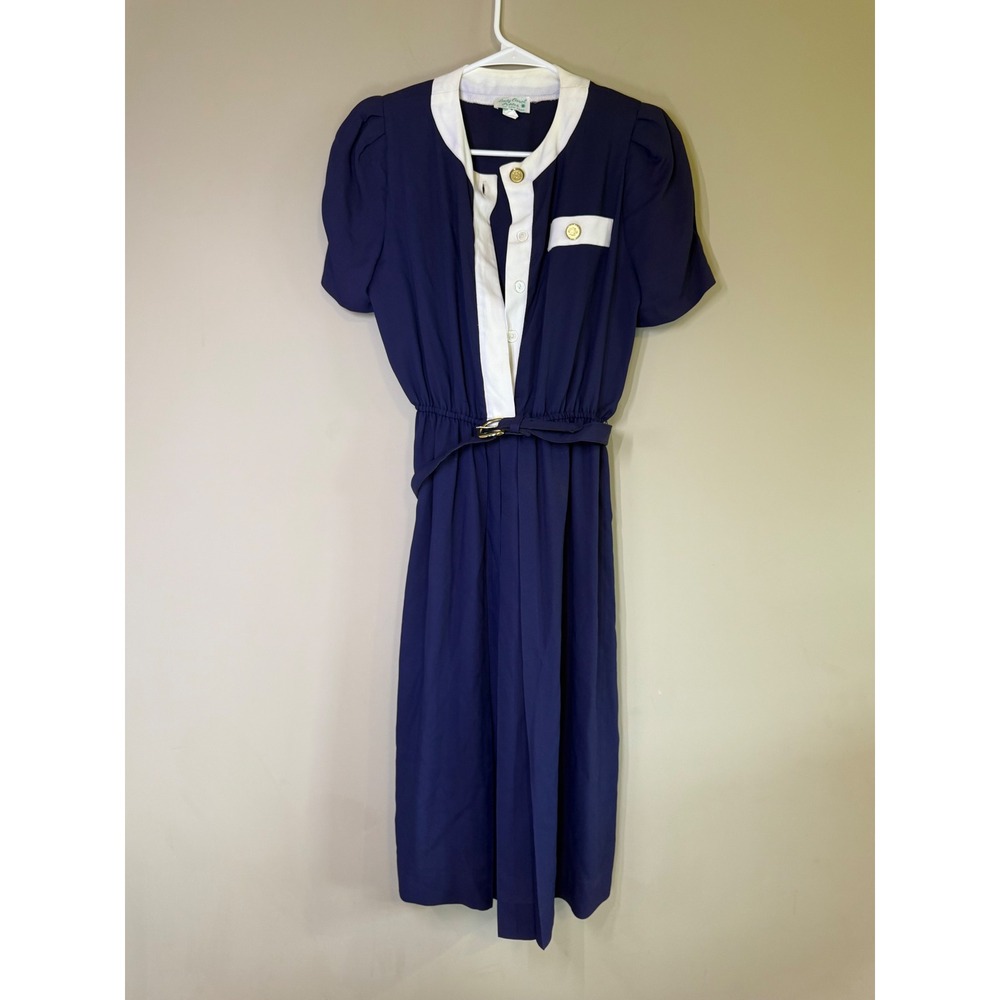 Vintage Lady Carol Petites Navy Blue Midi Dress White Trim Nautical Belted Sz 4